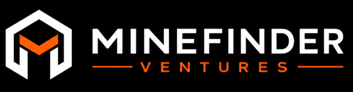MineFinder Ventures logo in white and safety orange on a black background
